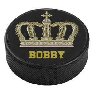 Golden Royal Crown III + your backgr. & Name Hockey Puck