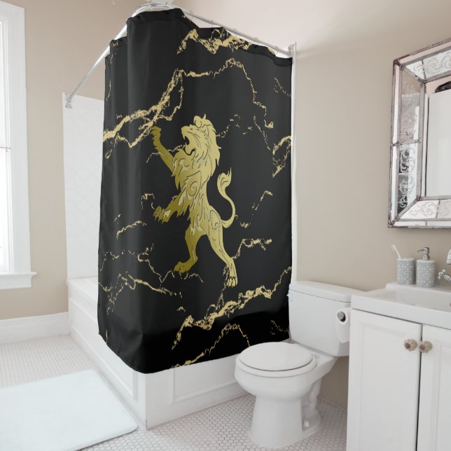 Golden Royal Lion Black Marble Shower Curtain (In Situ)