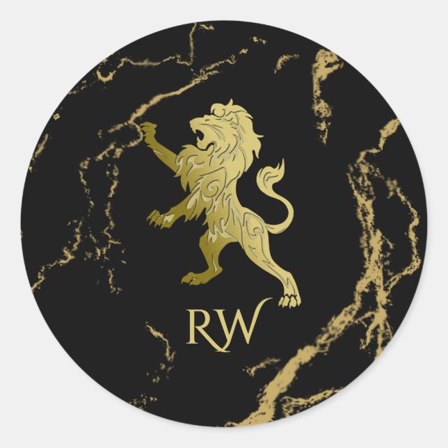 Golden Royal Lion Monogram Classic Round Sticker (Front)