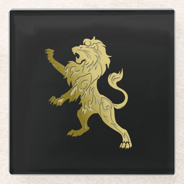Golden Royal Lion on Black  Glass Coaster (Front)