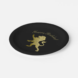 Golden Royal Lion on Black Paper Plate