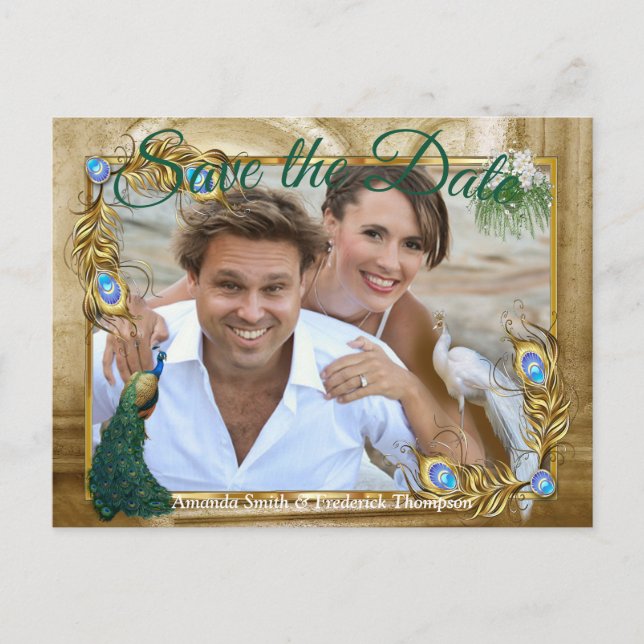 Golden Royal Peacock Feathers Announcement Postcard (Front)