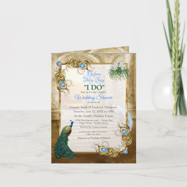 Golden Royal Peacock Temple Dreams Couple Shower Invitation (Front)