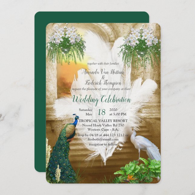 Golden Royal White Peacock Feathers Invitation (Front/Back)