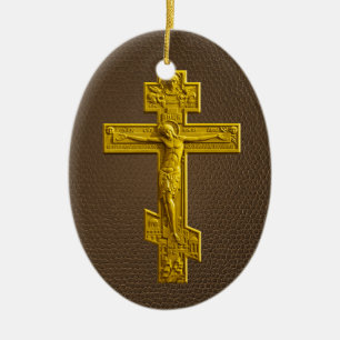 Golden Russian orthodox cross Ceramic Tree Decoration