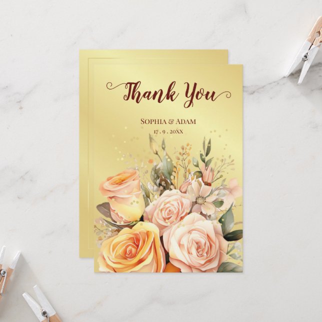 Golden Rustic Floral Thank You Wedding Card (Front/Back In Situ)