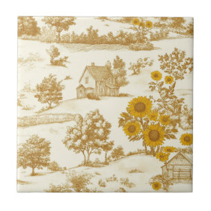 Golden Rustic Sunflower Countryside Toile Pattern Ceramic Tile