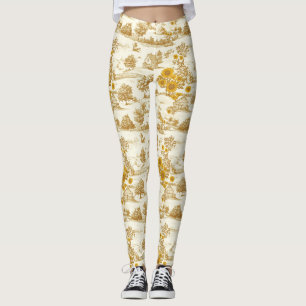 Golden Rustic Sunflower Countryside Toile Pattern Leggings