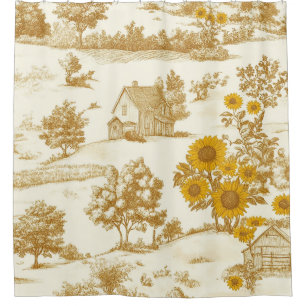 Golden Rustic Sunflower Countryside Toile Pattern Shower Curtain