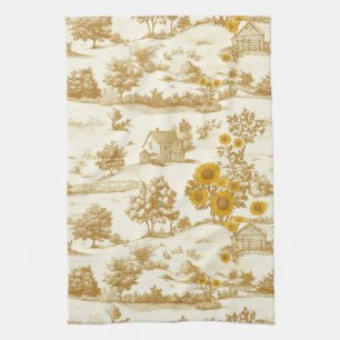 Golden Rustic Sunflower Countryside Toile Pattern Tea Towel