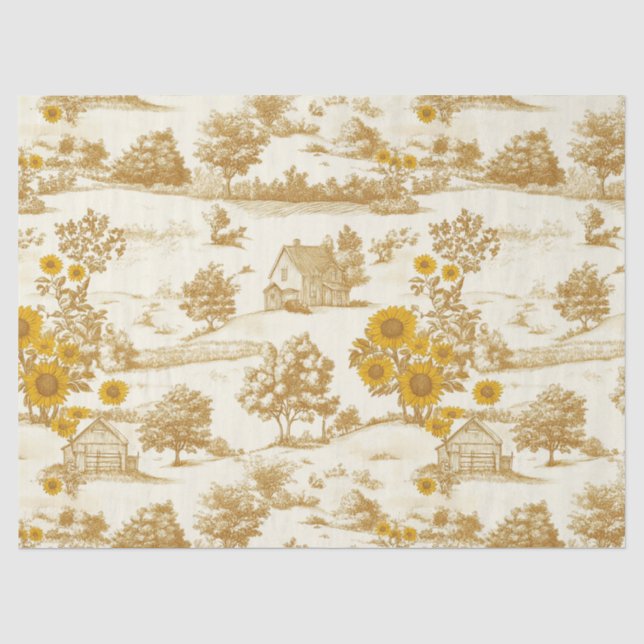 Golden Rustic Sunflower Countryside Toile Pattern Tissue Paper (Front)