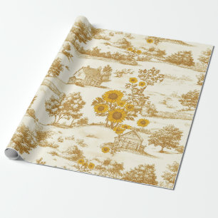 Golden Rustic Sunflower Countryside Toile Pattern Wrapping Paper
