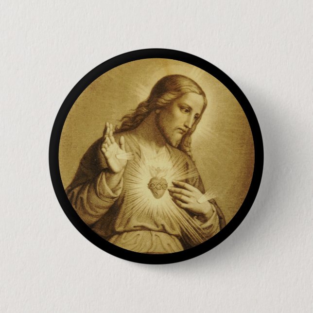 Golden Sacred Heart with Cross 6 Cm Round Badge (Front)