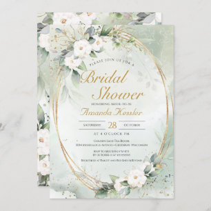 Golden Sage White Floral  Elegant Bridal Shower Invitation
