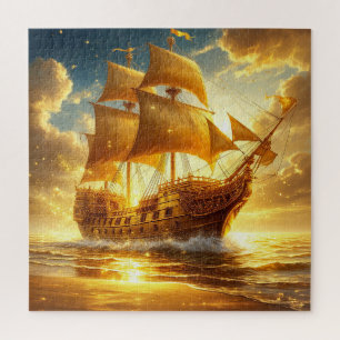 Golden Sailing Ship on Sunset Sea Jigsaw Puzzle