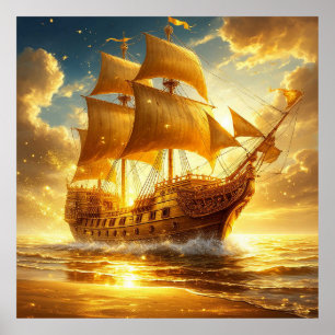 Golden Sailing Ship on Sunset Sea Poster