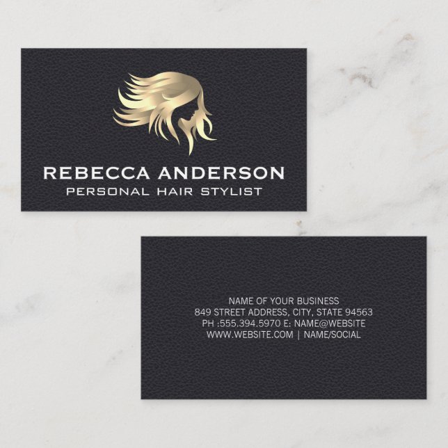 Golden Salon Hair | Black Leather Business Card (Front/Back)