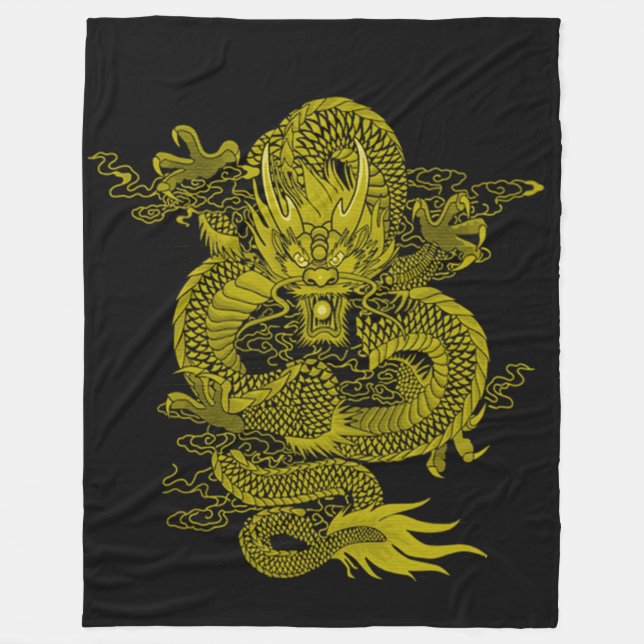 Golden Samurai Dragon Spirit Fleece Blanket (Front)