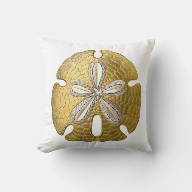 Golden Sand Dollar on White Throw Pillow. Cushion (Front)