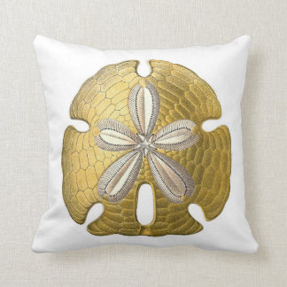 Golden Sand Dollar on White Throw Pillow. Cushion