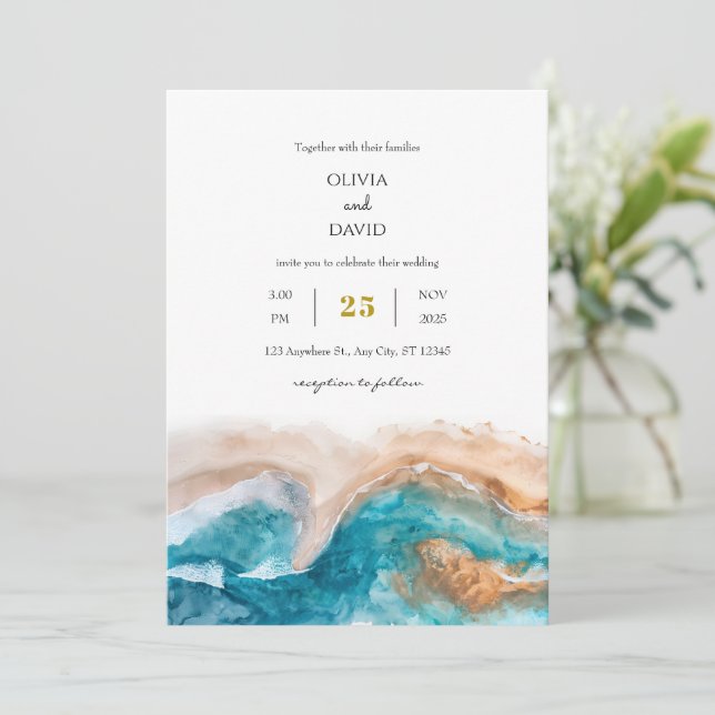 Golden Sand Turquoise Sea Watercolor Beach Wedding Invitation (Standing Front)