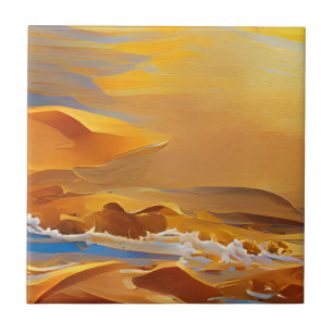 Golden sands blue water digital art ceramic tile
