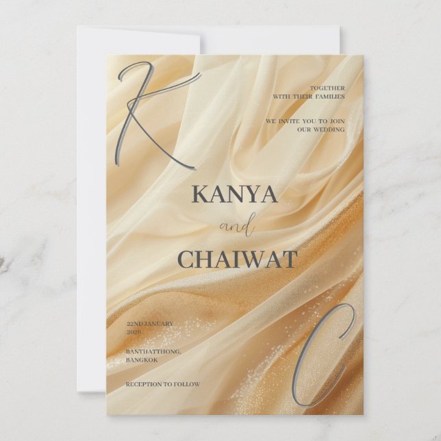 Golden Satin Luxe Wedding Invitation | Sparkle Cre (Front)
