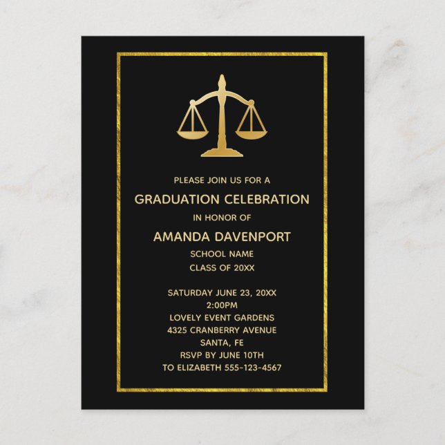 Golden Scales of Justice Law Theme Graduation Invitation Postcard (Front)