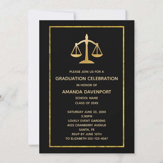 Golden Scales of Justice Law Themed Graduation Invitation (Front)