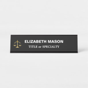 Golden Scales of Justice on Black and White Desk Name Plate