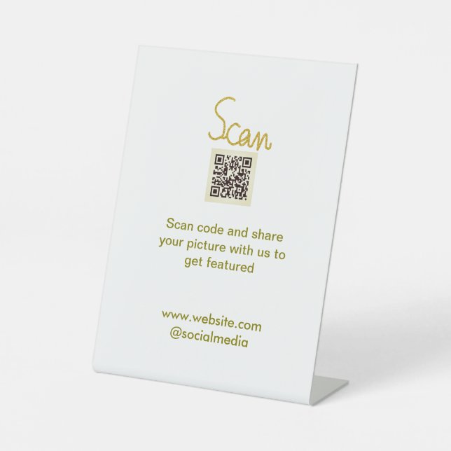 Golden Scan QR code glitter simple elegant calligr Pedestal Sign (Front)