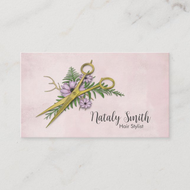Golden Scissors and flowers Illustration  Business Card (Front)