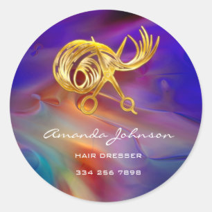 Golden Scissors Logo Hair Dresser Stylist Blue Classic Round Sticker