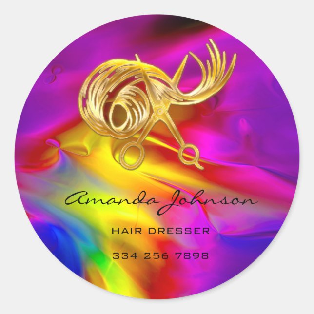 Golden Scissors Logo Hair Dresser Stylist Holograp Classic Round Sticker (Front)