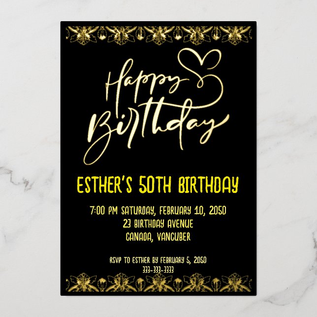 Golden Script Birthday Party Foil Invitation (Front)
