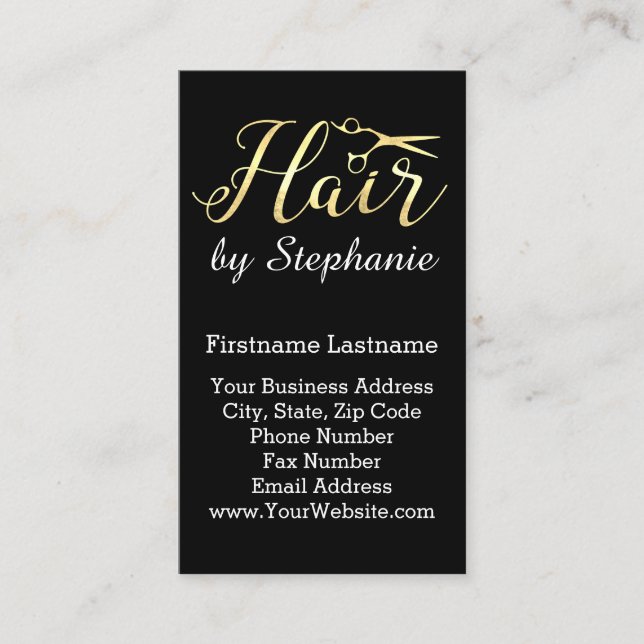 Golden Script Scissors Hairstylist Hair Salon Business Card (Front)