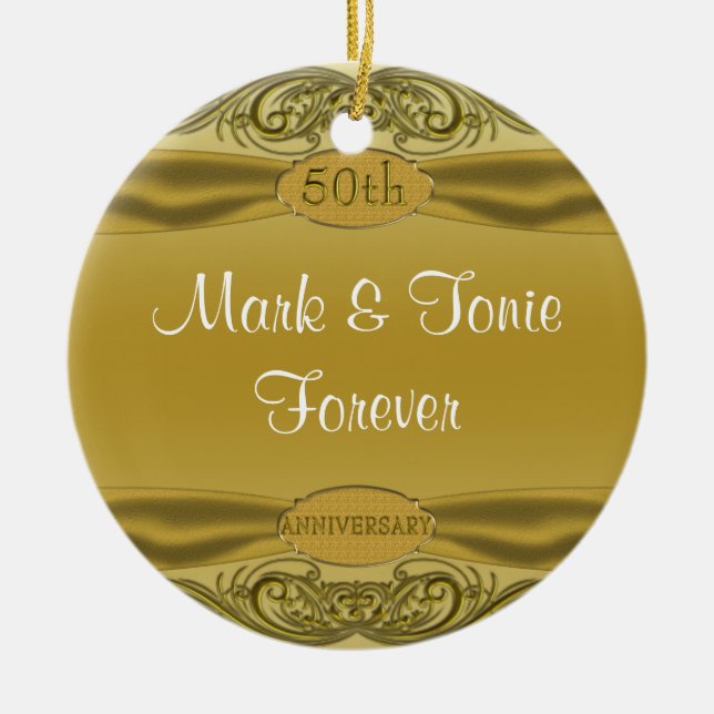 Golden Scrolls 50th Wedding Anniversary Ceramic Ornament (Front)