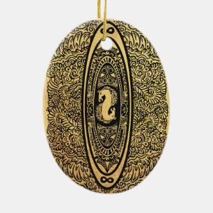 Golden Seahorse Mandala – Ornate Infinity Design Ceramic Ornament