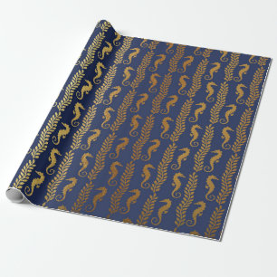 Golden Seahorse Ocean Algae Blue Navy Vip Yacht Wrapping Paper