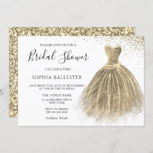 Golden Sepia Gold Glitter Gown Dress Bridal Shower Invitation