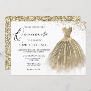 Golden Sepia Gold Glitter Gown Dress Quinceanera Invitation