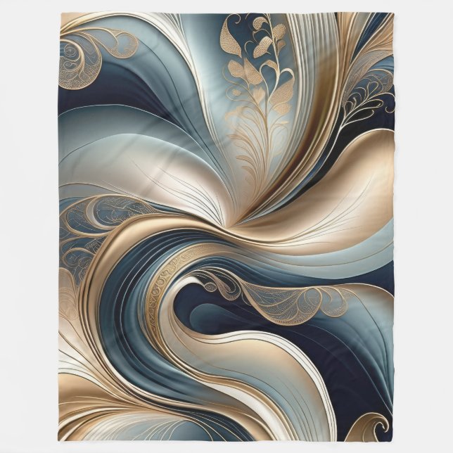Golden Serenade - Teal & Gold Abstract Floral  Fleece Blanket (Front)