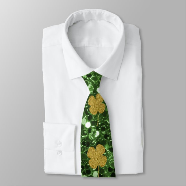 Golden Shamrocks Green Faux Glitter Tie (Tied)