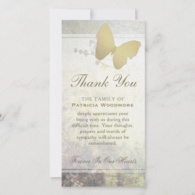 Golden Shimmer Butterfly Thank You Sympathy Card (Front)