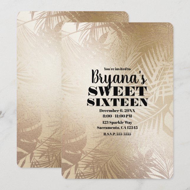 Golden Shine Botanical Tropical Palm Sweet 16 Invitation (Front/Back)