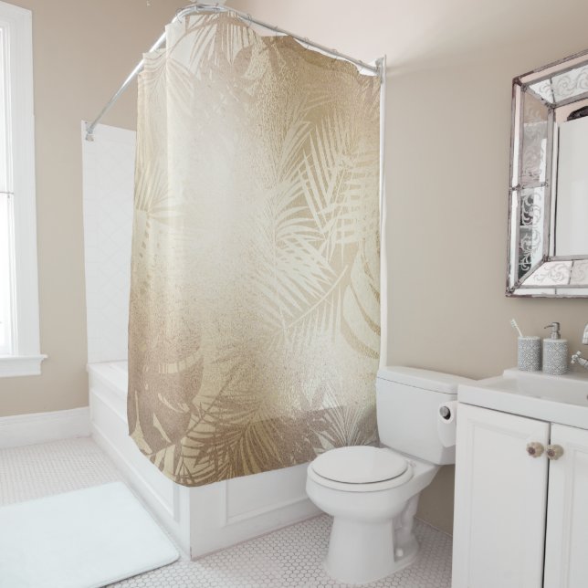 Golden Shine Botanical Tropical Palm Tree Leaves Shower Curtain (In Situ)