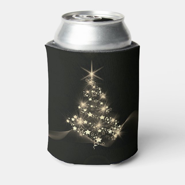 Golden Shine of Stars on Christmas Tree Dark  Can Cooler (Can Back)