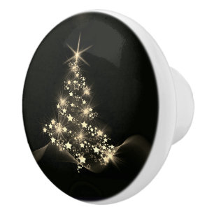 Golden Shine of Stars on Christmas Tree Dark  Ceramic Knob