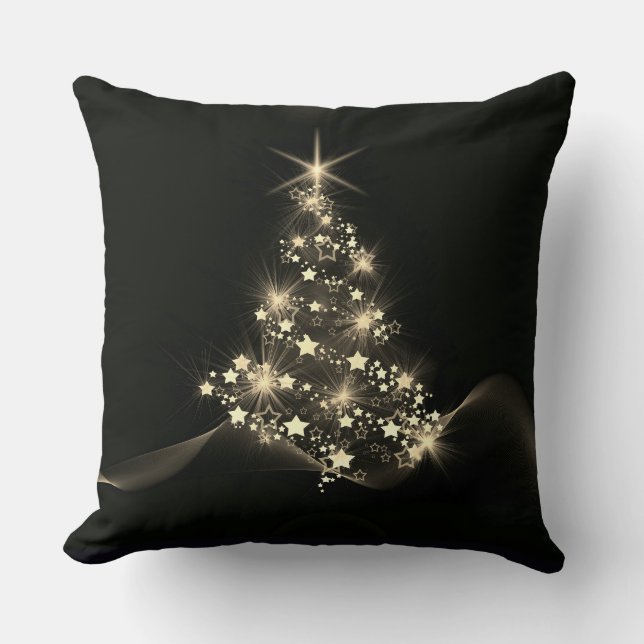 Golden Shine of Stars on Christmas Tree Dark  Cushion (Front)