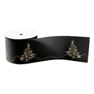Golden Shine of Stars on Christmas Tree Dark Grosgrain Ribbon